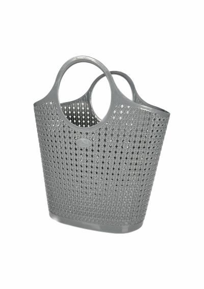 Grey Plastic Handled Basket with Rattan-Style Design