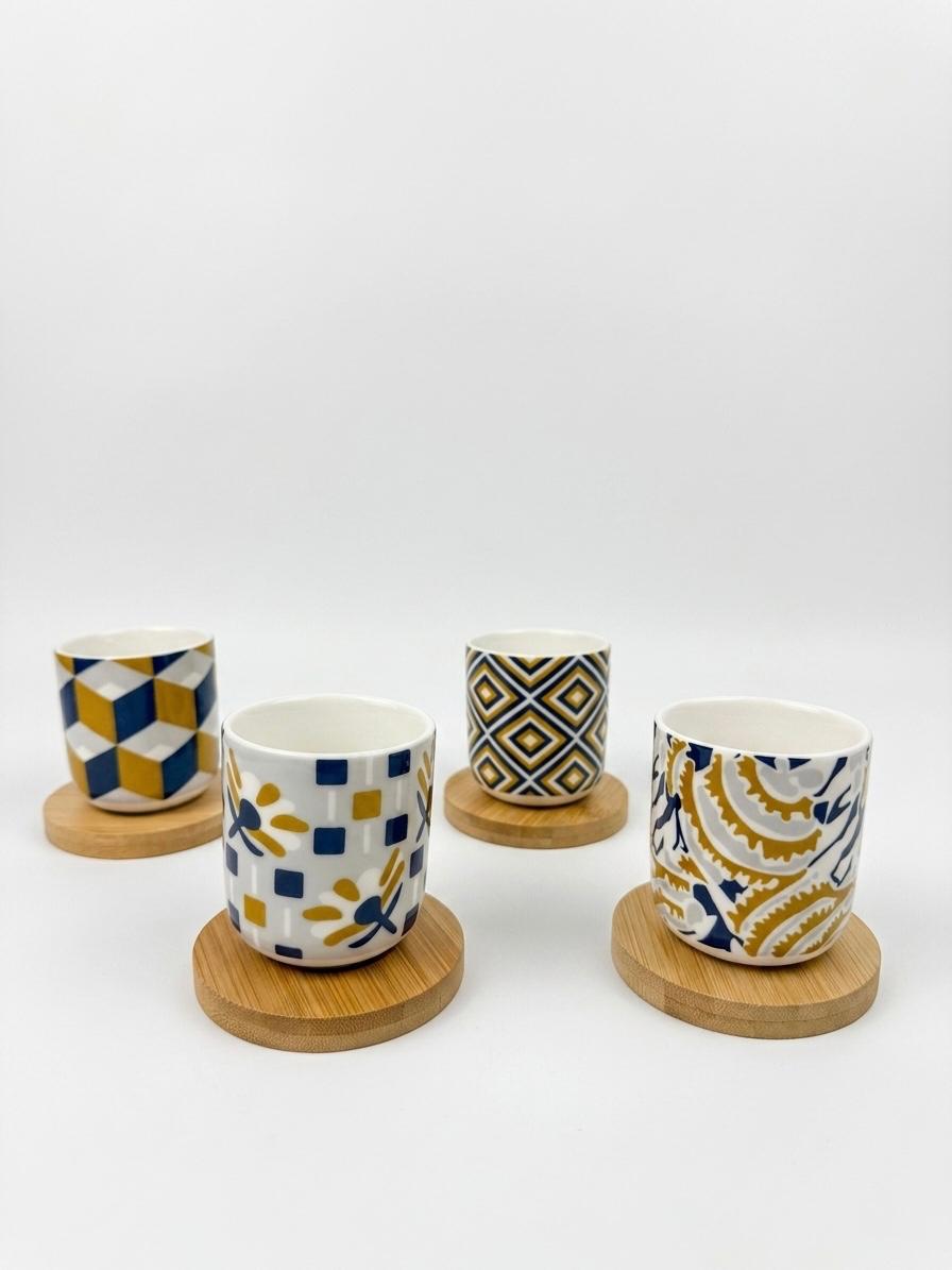 Set of 4 Patterned Espresso Cups with Wooden Coasters