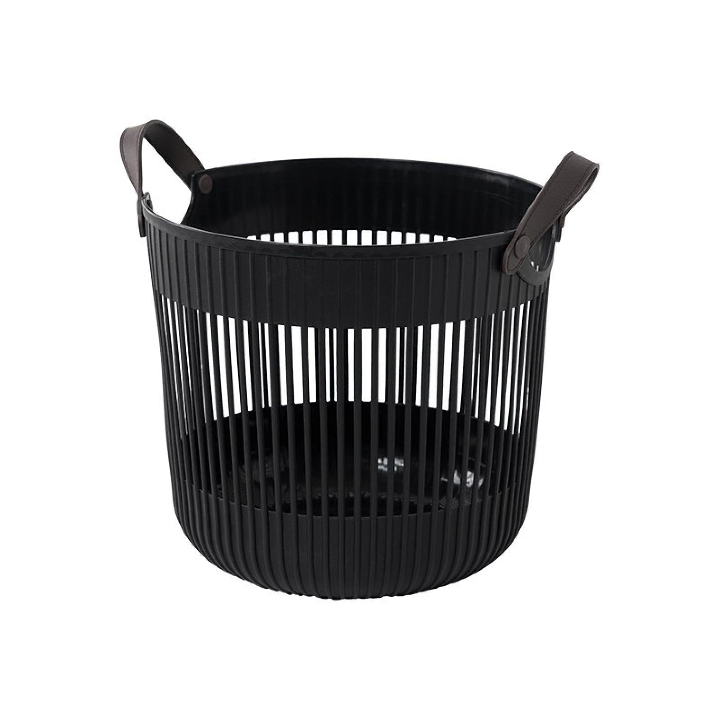Black Open-Slat Plastic Basket with Leather-Style Handles