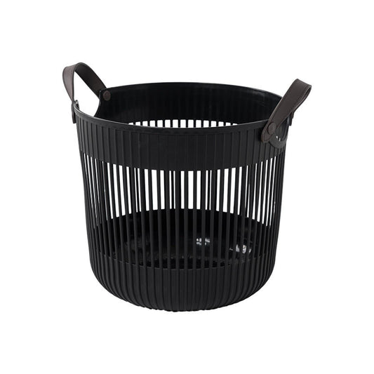 Black Open-Slat Plastic Basket with Leather-Style Handles