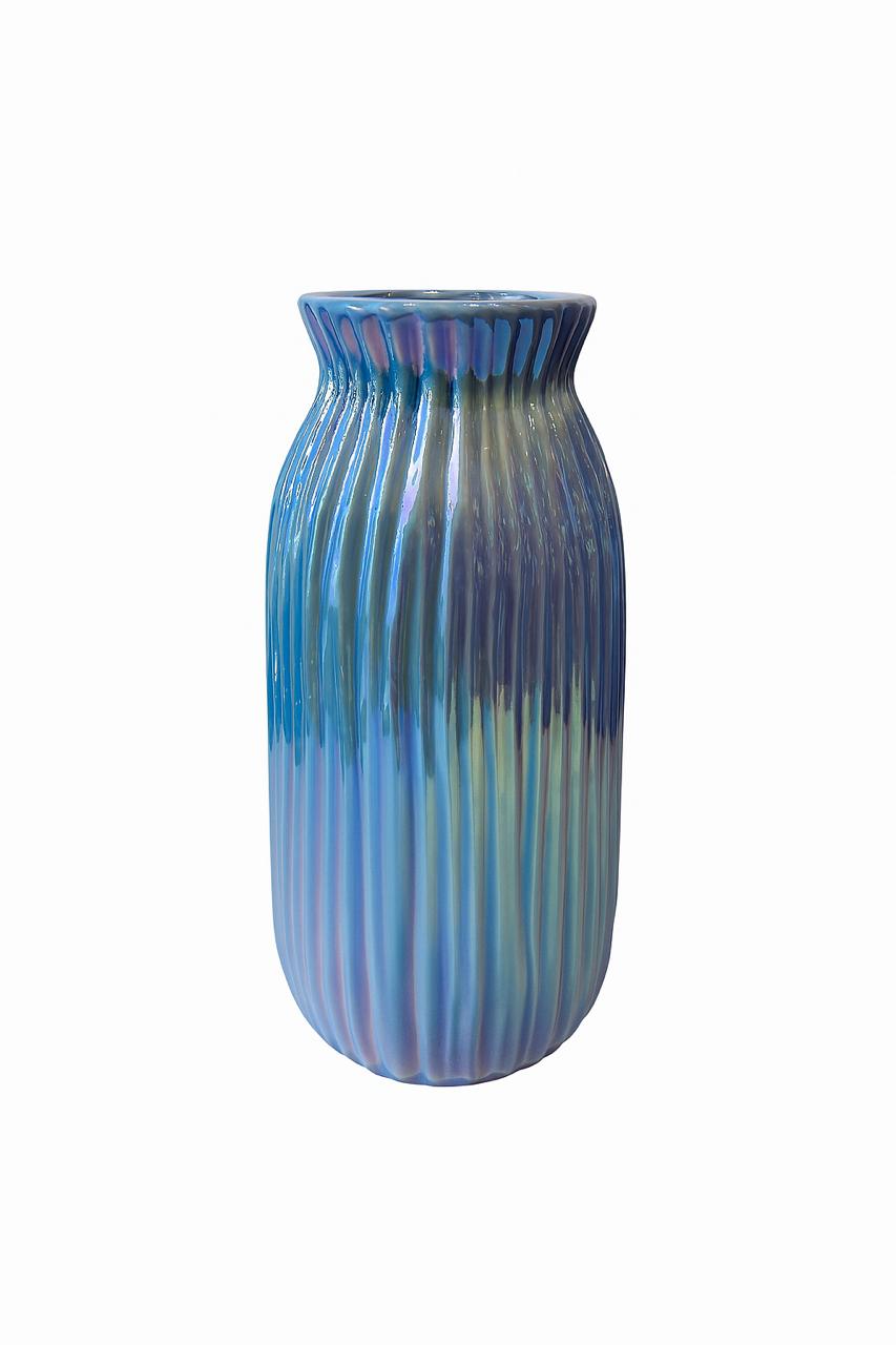 Iridescent Blue Ribbed Vase