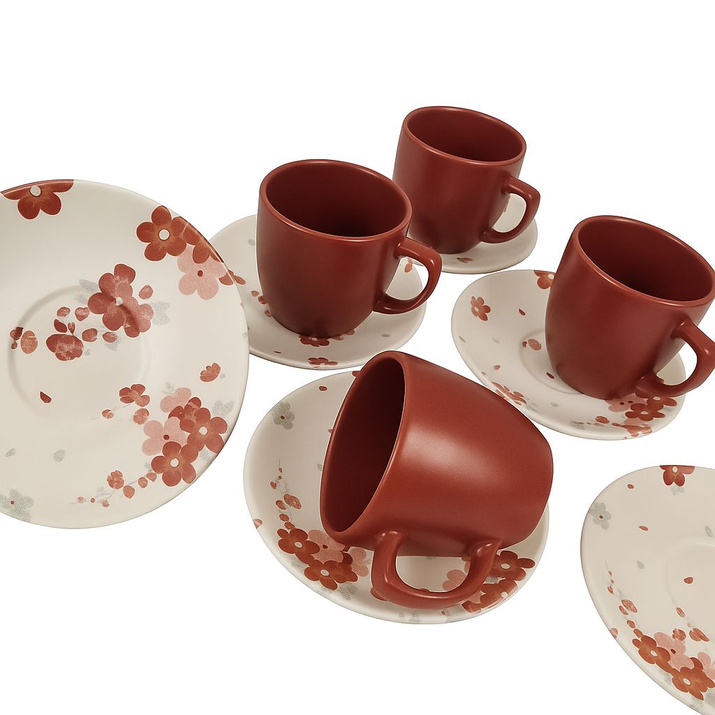 Red Floral Turkish Coffee Set – 6 Cups with Plates