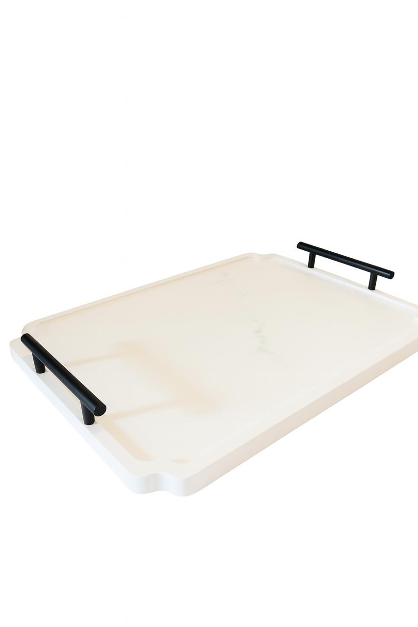 White Marble-Effect Serving Tray with Black Handles