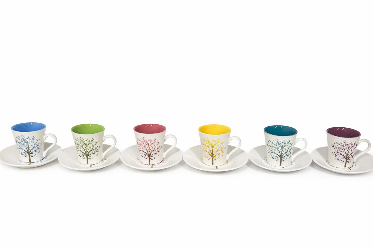 Decorated Coffee Cups & Saucers – Set of 6