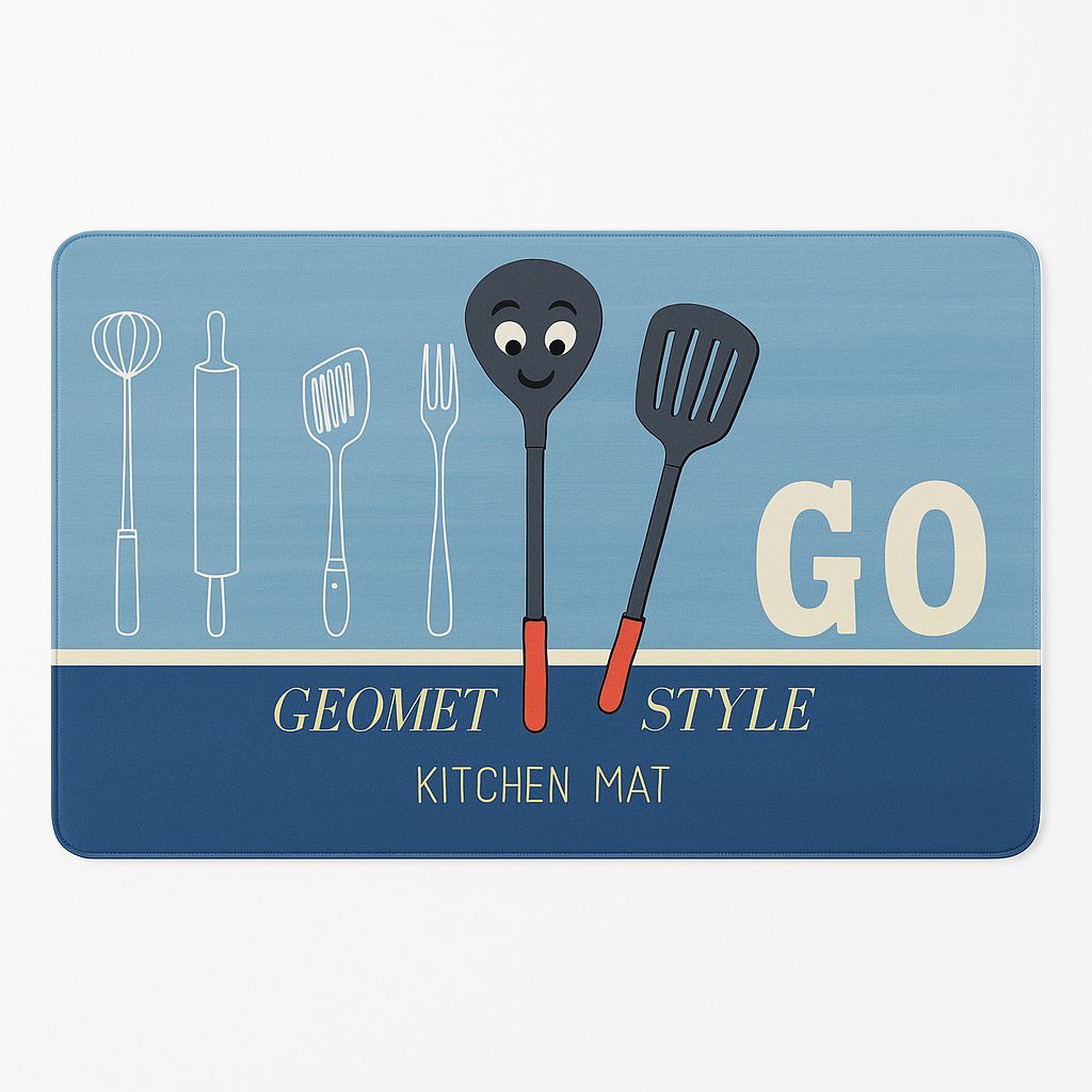 Playful Utensil Kitchen Mat – Blue Geometric Style