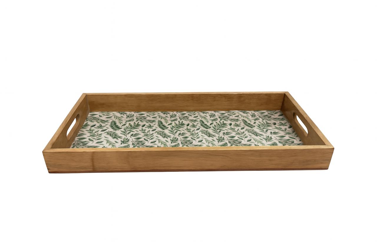 Natural Wooden Serving Tray with Botanical Print Base