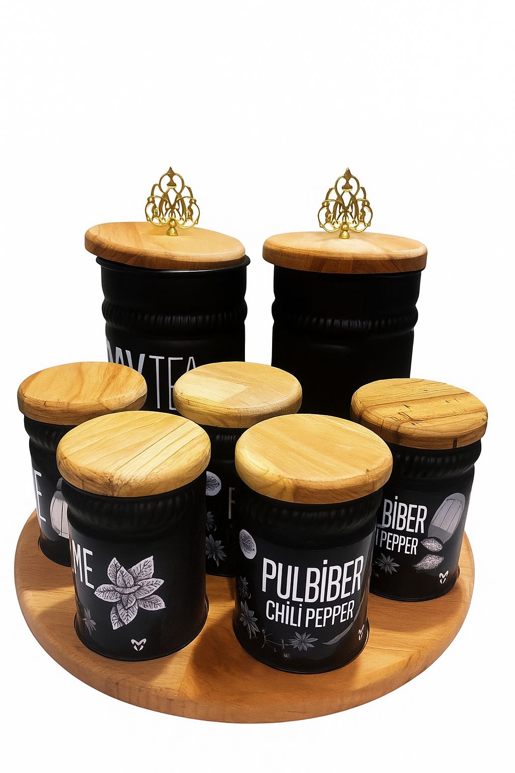 7-Piece Black Spice & Storage Jar Set with Wooden Lids