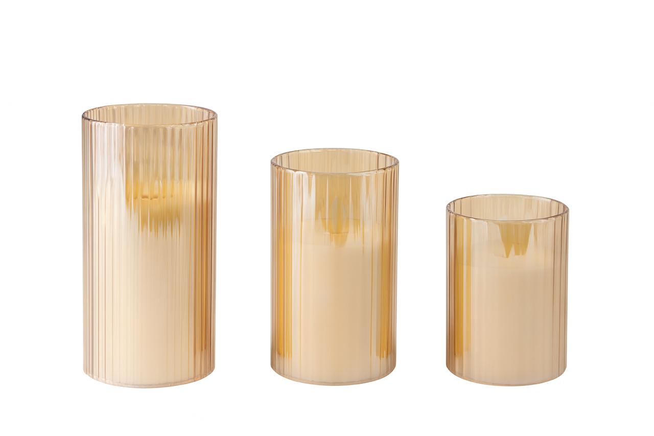 Amber Ribbed Glass LED Candle Set (3 Pieces)