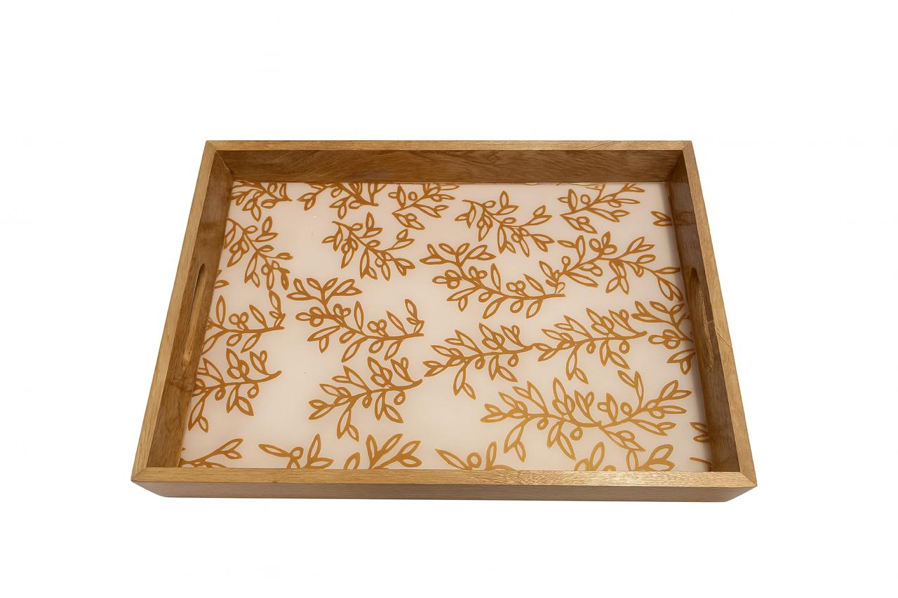 Wooden Serving Tray with Minimal Botanical Print