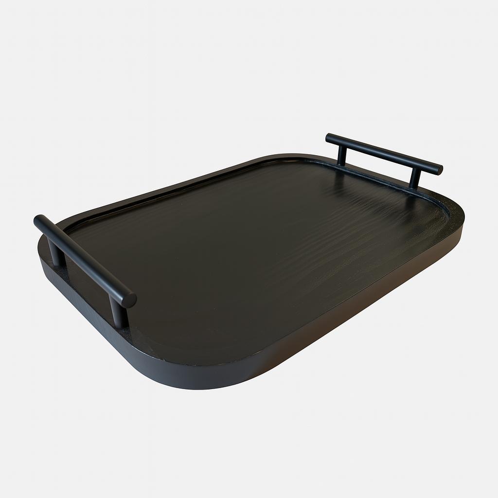 Black Wooden Serving Tray with Modern Handles