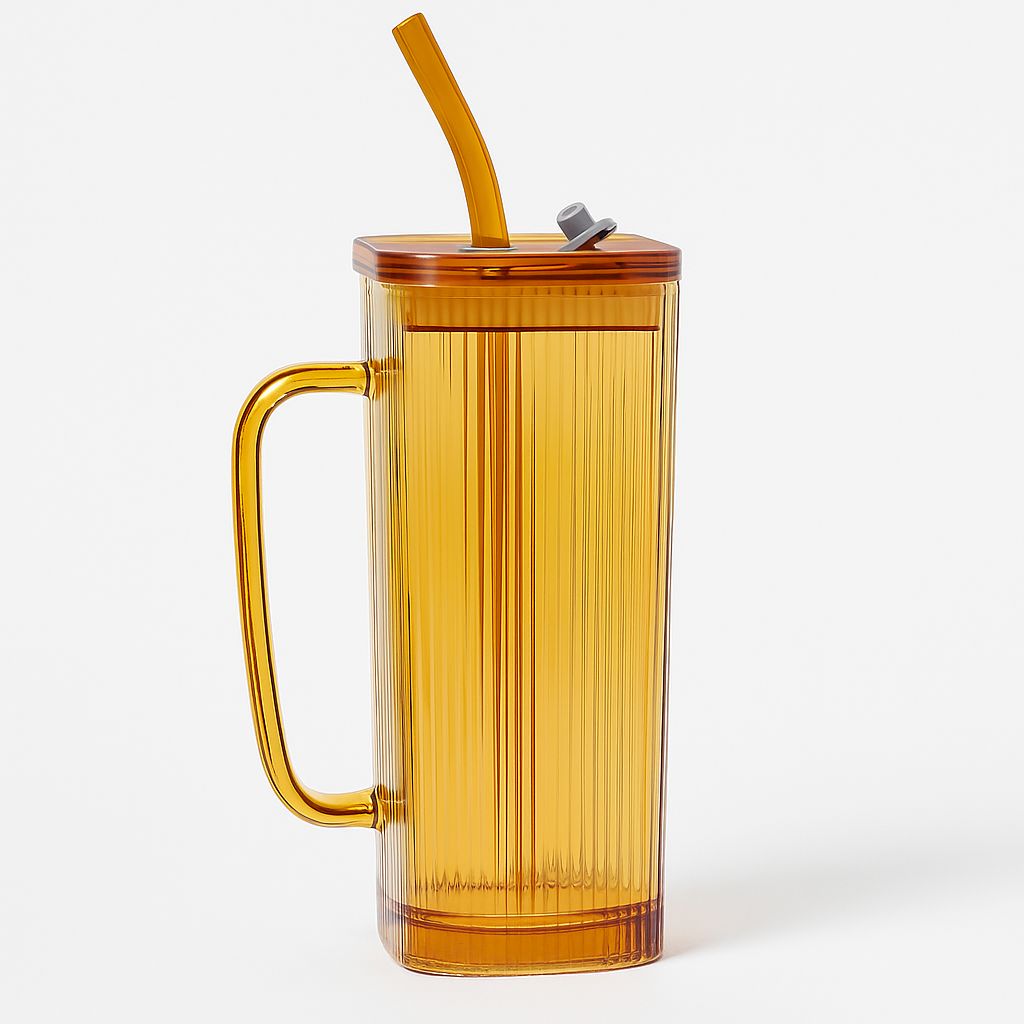 Ribbed Glass Tumbler with Lid & Straw