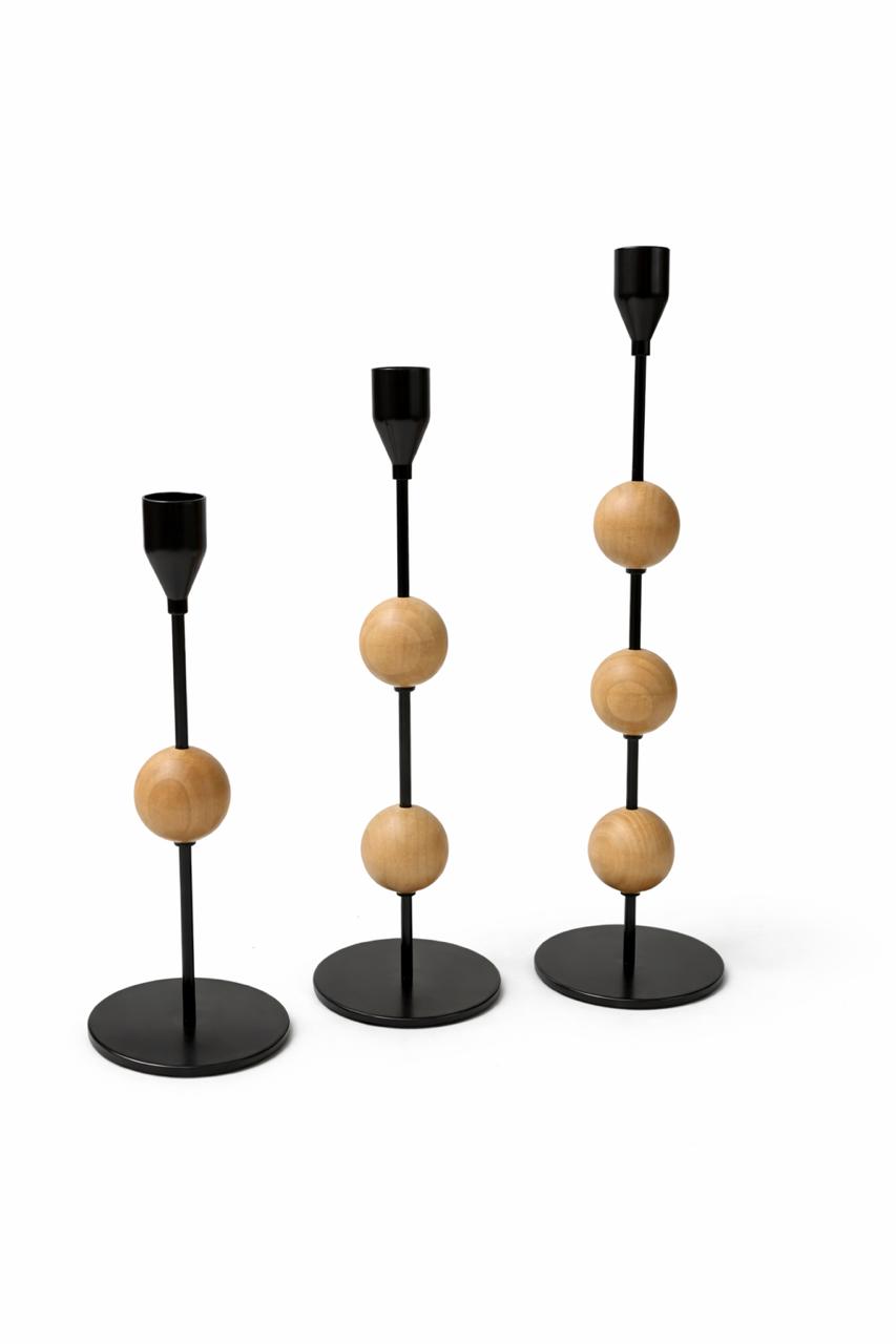Modern Metal & Wood Candle Holder Set