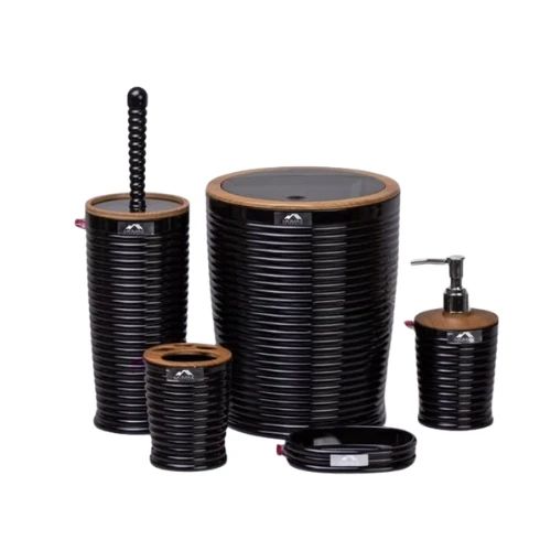 Luxury Black & Wood Bathroom Accessory Set – 5 Pieces