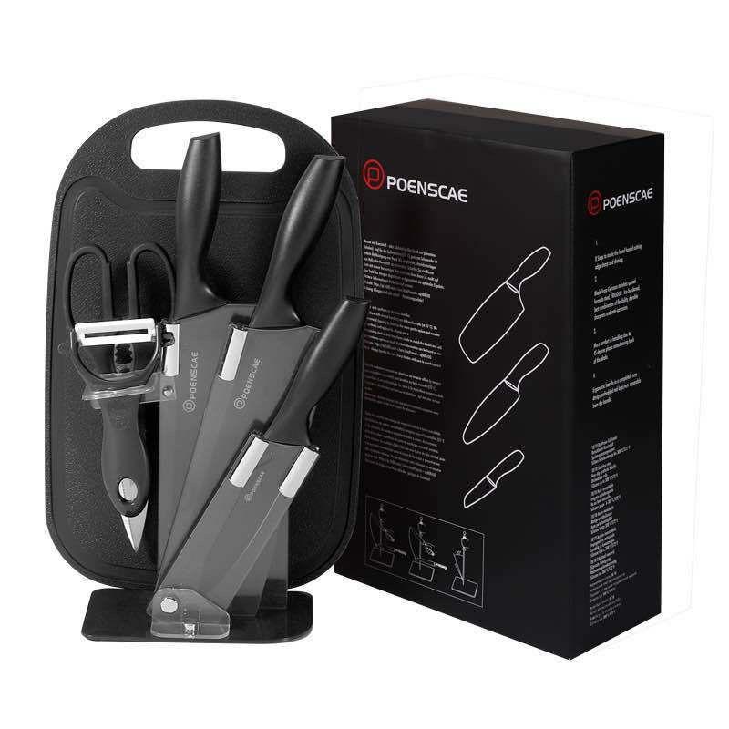 POENSCAE 6-Piece Professional Knife Set with Cutting Board and Stand