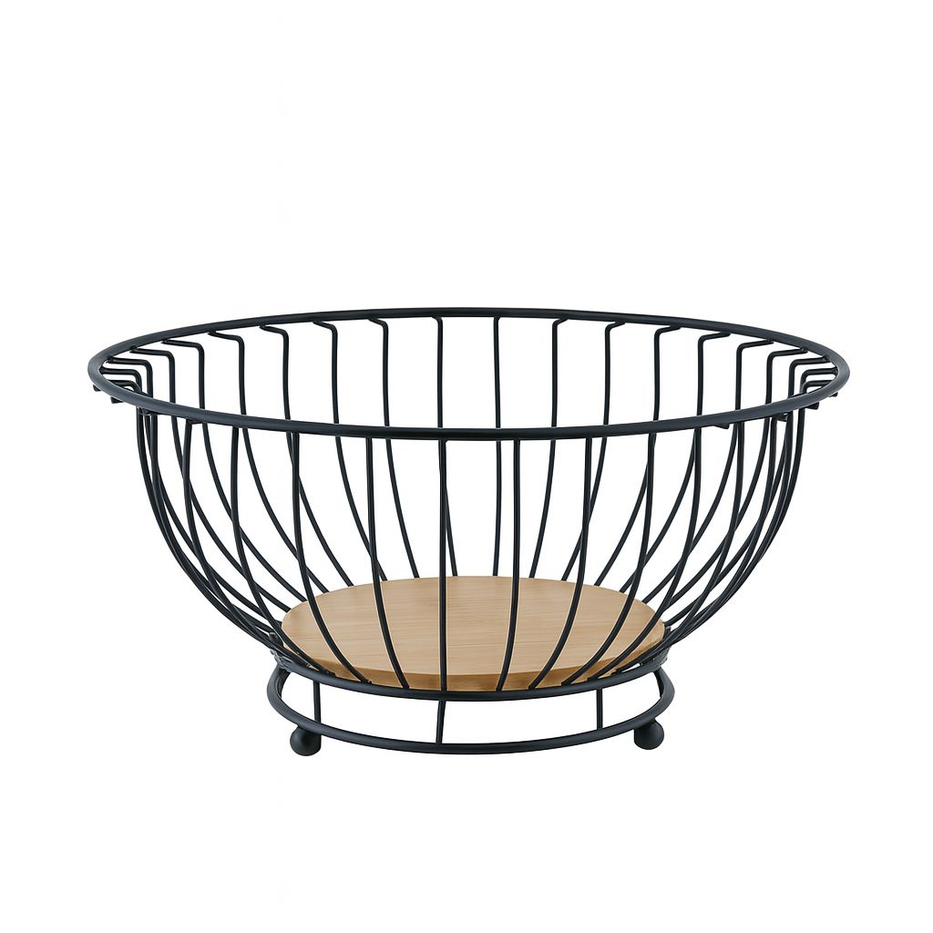 Round Black Wire Fruit Basket with Bamboo Base