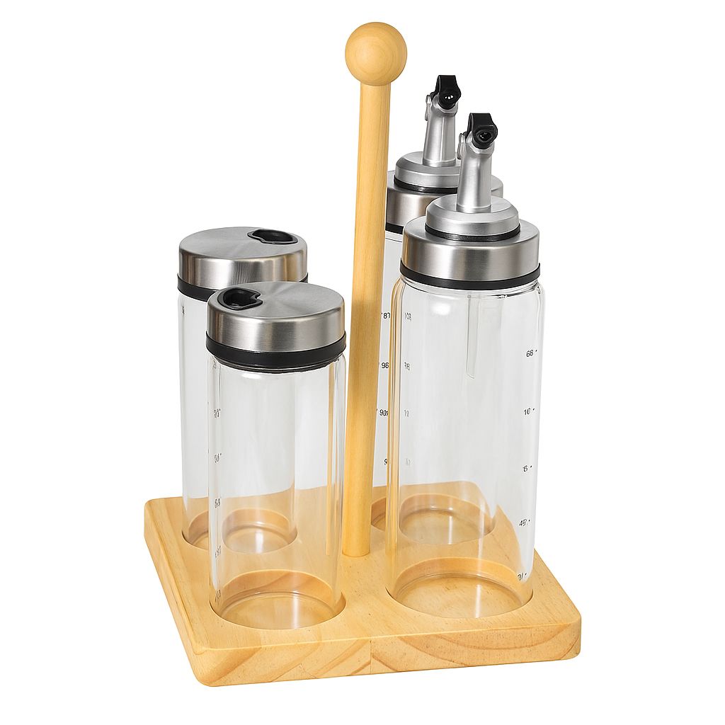 Glass Oil & Spice Dispenser Set with Wooden Stand