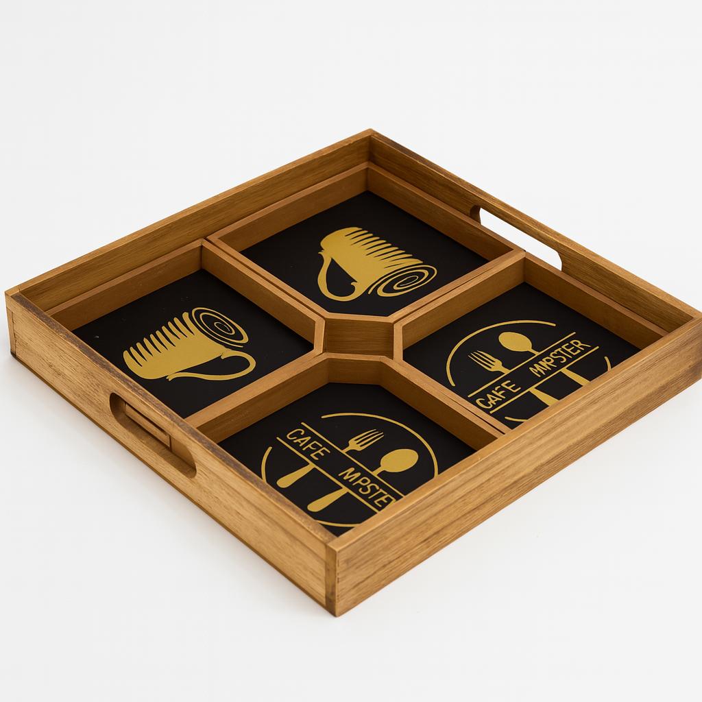 Wooden Coffee & Snack Serving Tray with Compartments