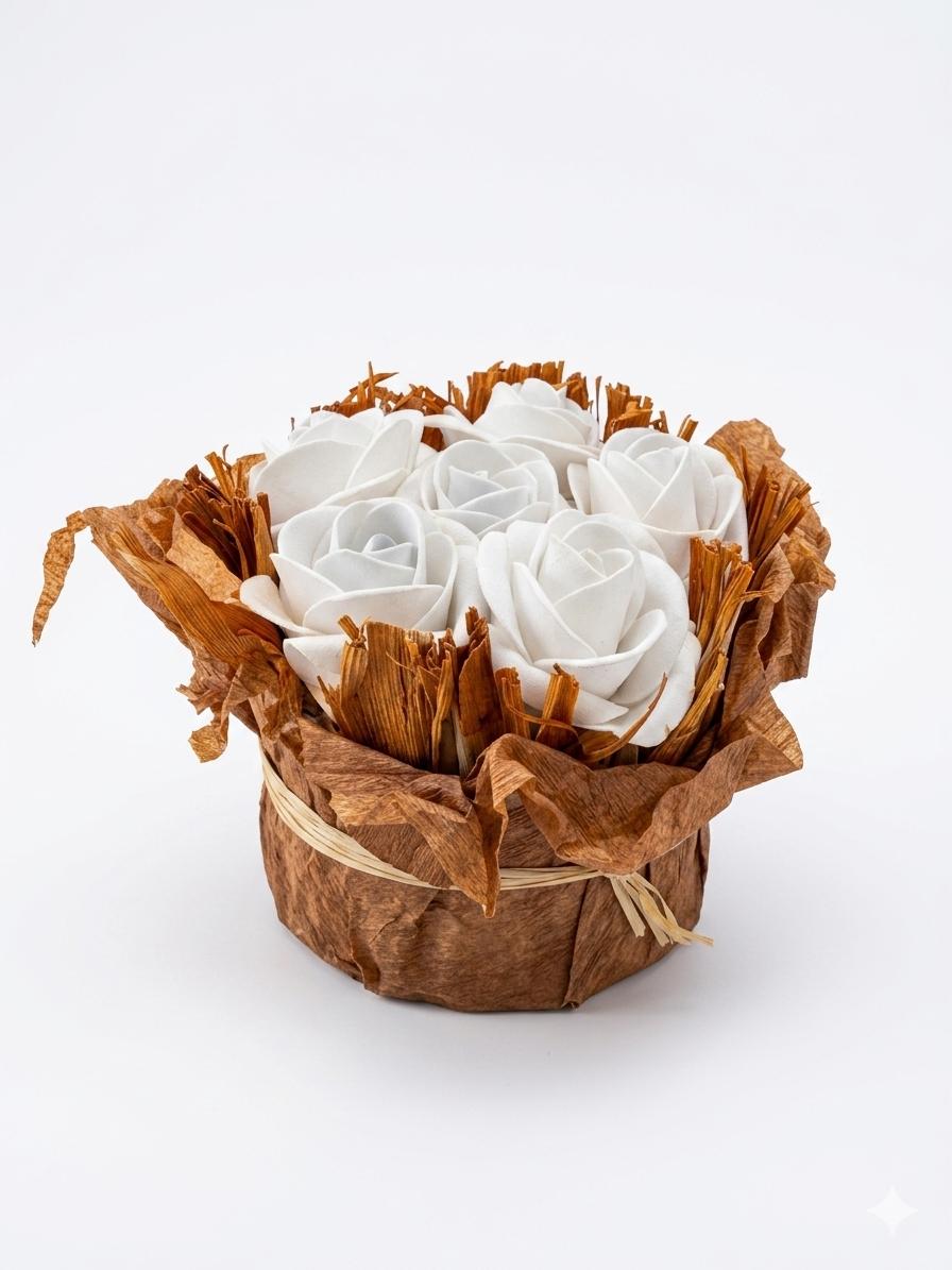 Artificial White Rose Arrangement in Decorative Base
