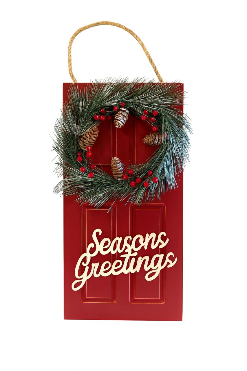 Red “Season’s Greetings” Door Décor with Wreath