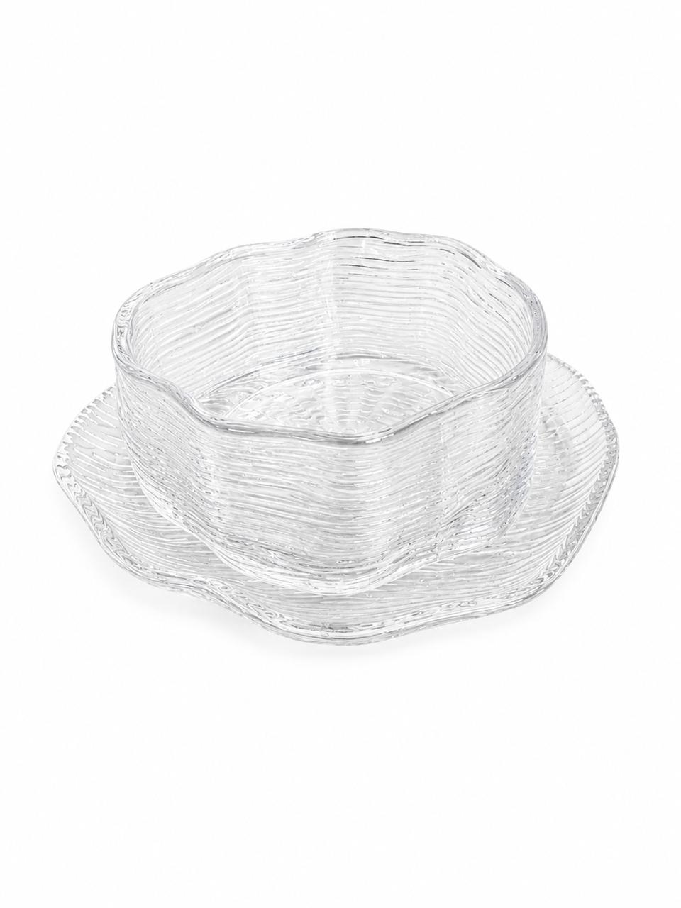 Wavy Glass Dessert Bowl & Plate Set of 6
