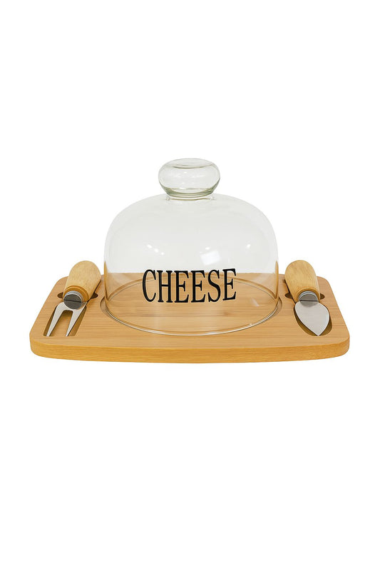 Glass Cheese Dome with Bamboo Board & Utensils
