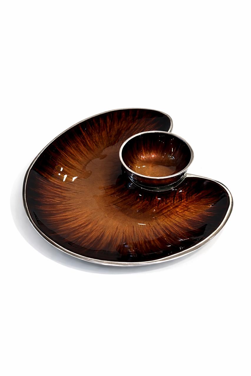 Brown Glazed Serving Plate with Dip Bowl