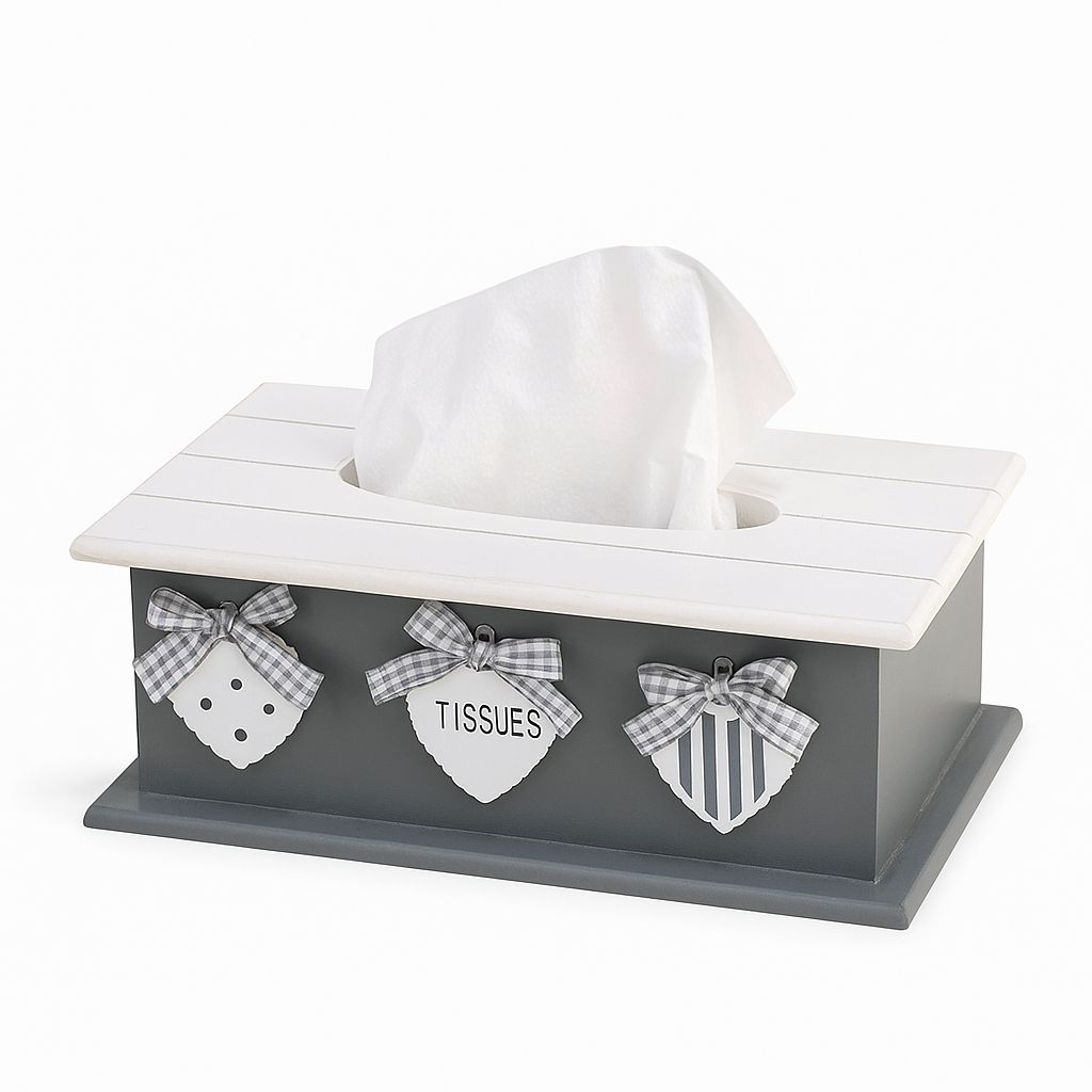 Rustic Heart Tissue Box Cover – Grey & White with Bows