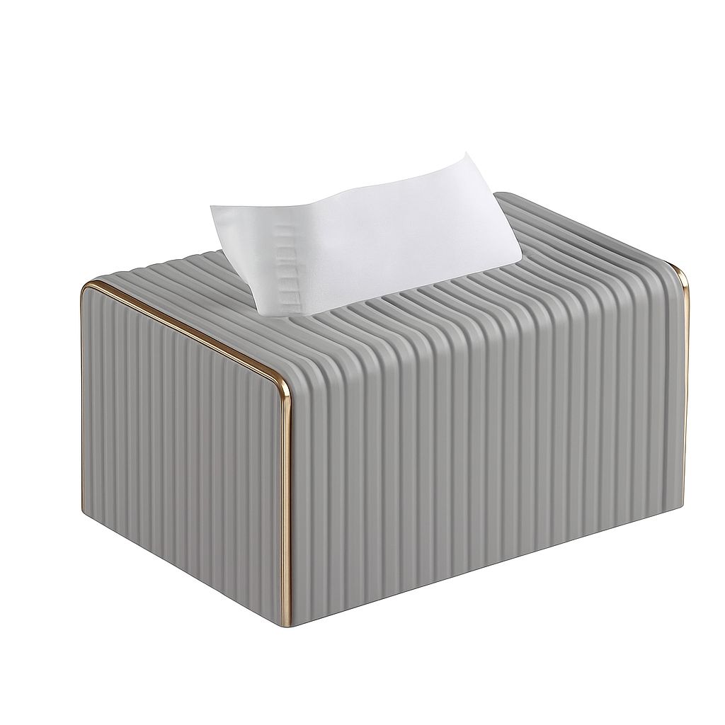 Modern Ribbed Tissue Box – Grey with Gold Trim