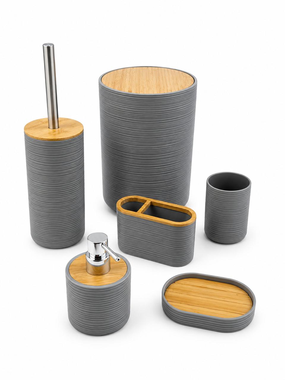 6-Piece Grey & Bamboo Bathroom Accessories Set
