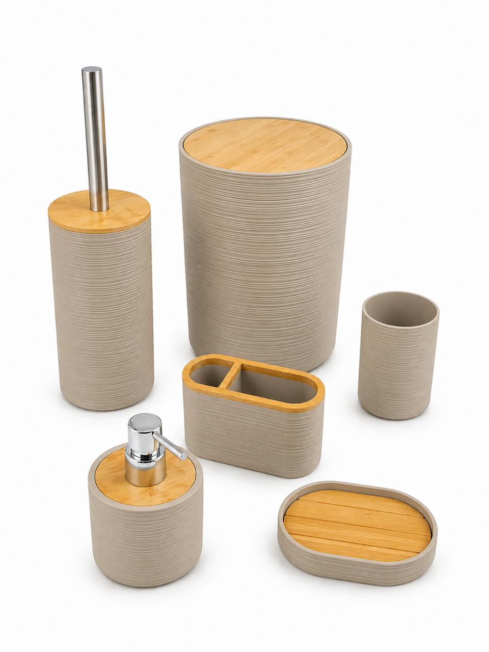 6-Piece Beige & Bamboo Bathroom Accessories Set