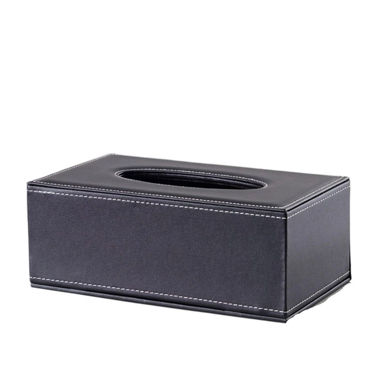 Classic Dark Brown Leather Tissue Box Cover – Elegant with White Stitching