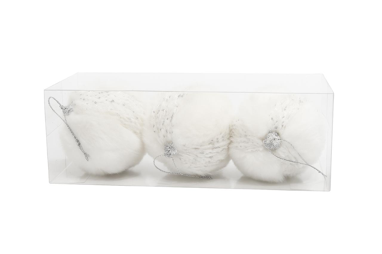 White Faux Fur & Silver Knit Ornaments – Set of 3 (8cm)