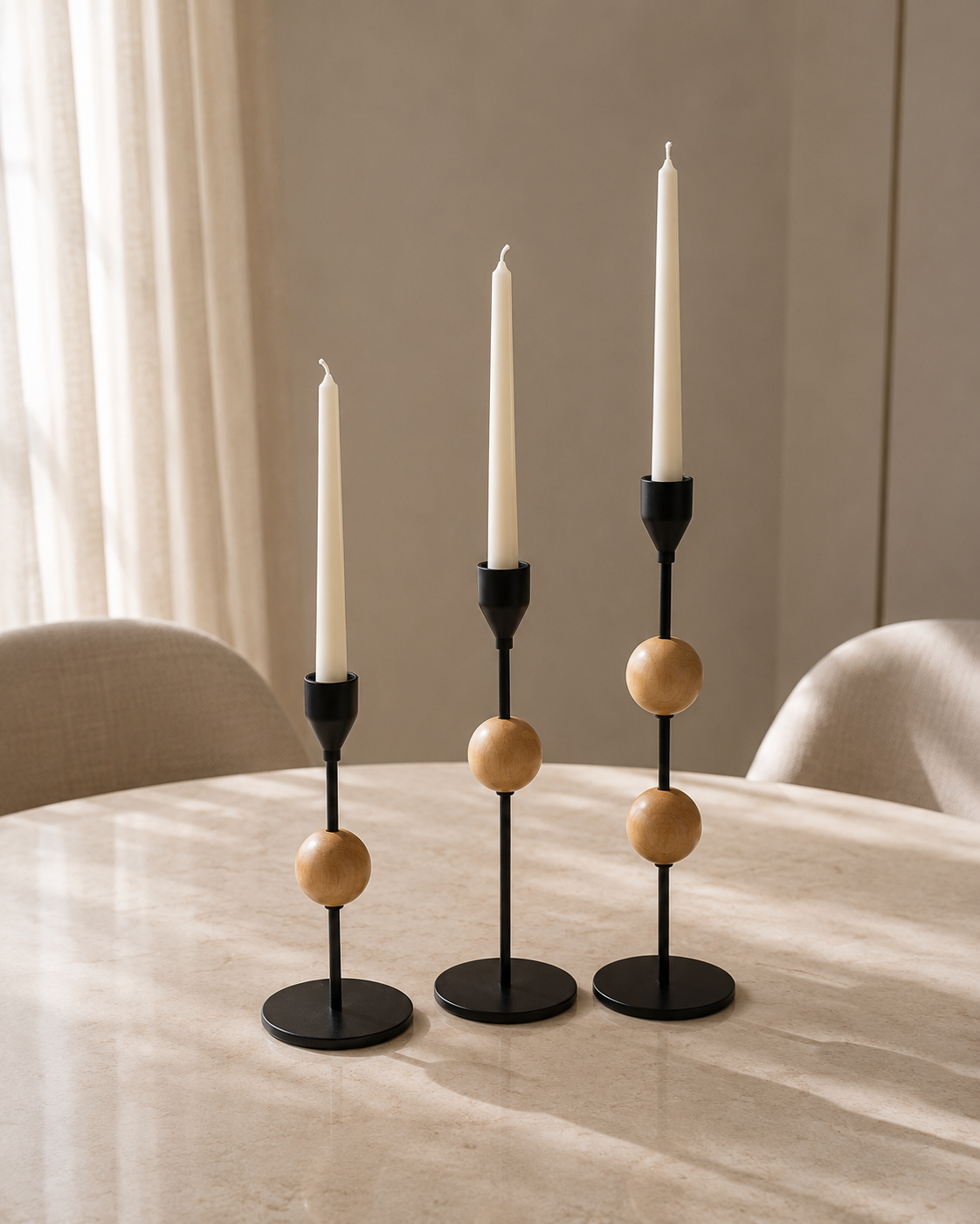 Modern Metal & Wood Candle Holder Set