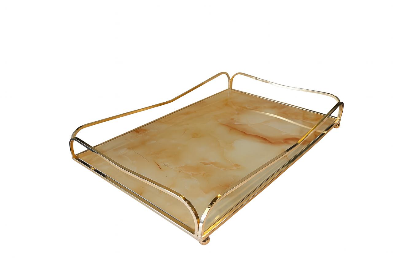 Luxury Rectangular Serving Tray with Golden Frame & Marble-Look Base