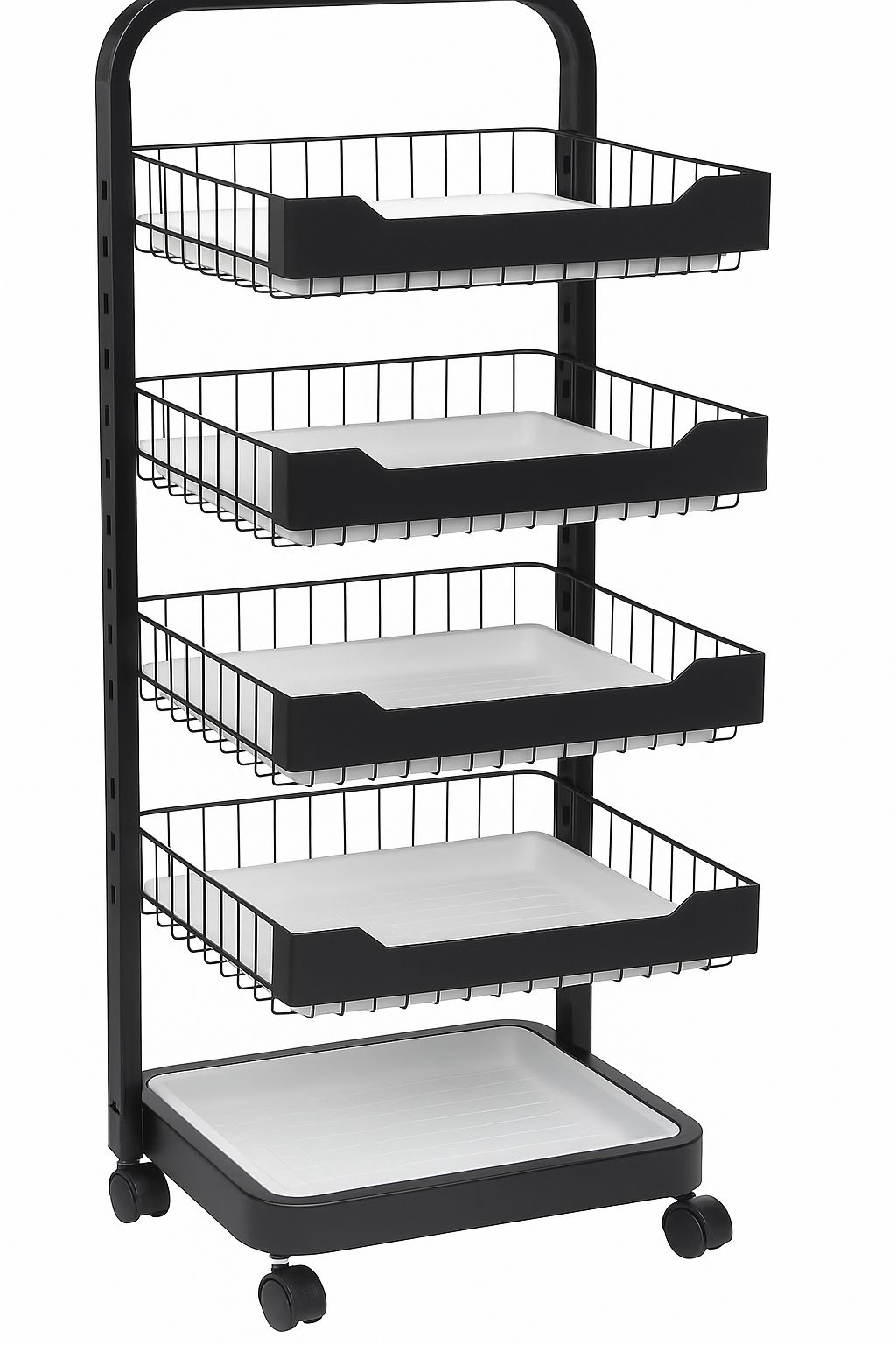 5-Level Metal Basket Rack on Wheels – Black & White