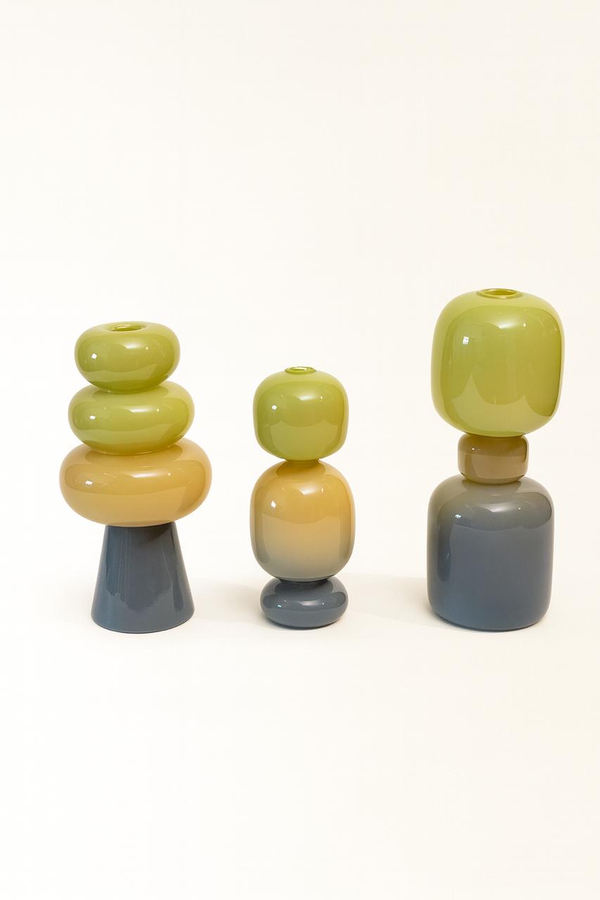 Set of 3 Modern Glass Vases – Green, Amber & Grey Tones