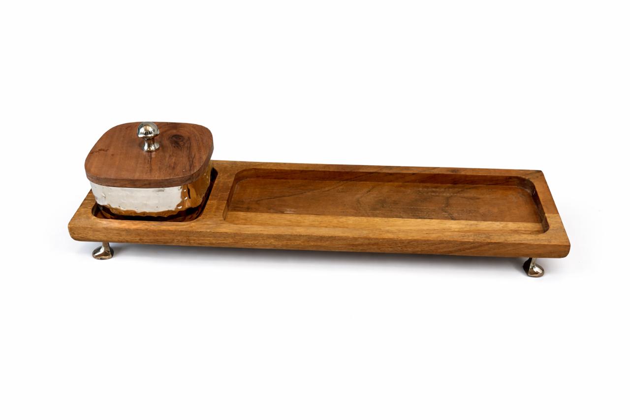 Wooden Serving Tray with Covered Glass Dip Bowl