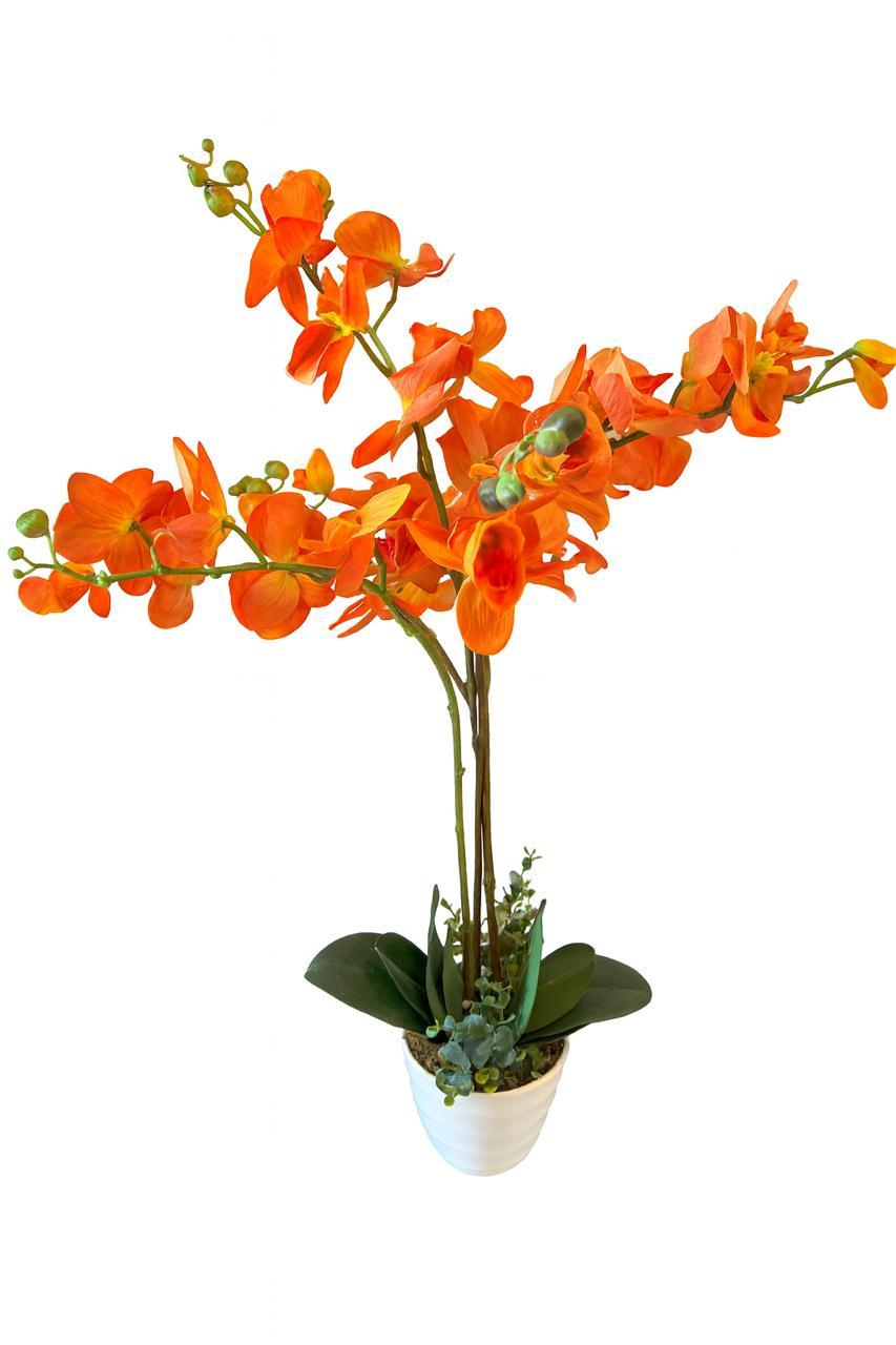 Artificial Orange Orchid in White Pot
