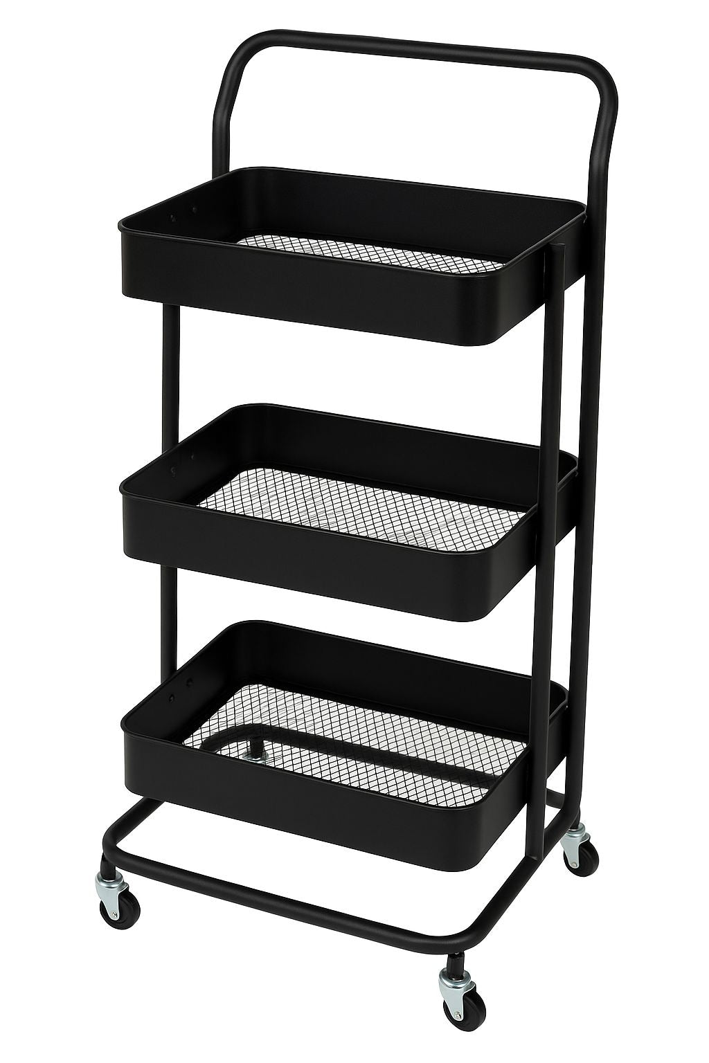 3-Tier Black Metal Utility Cart with Mesh Shelves