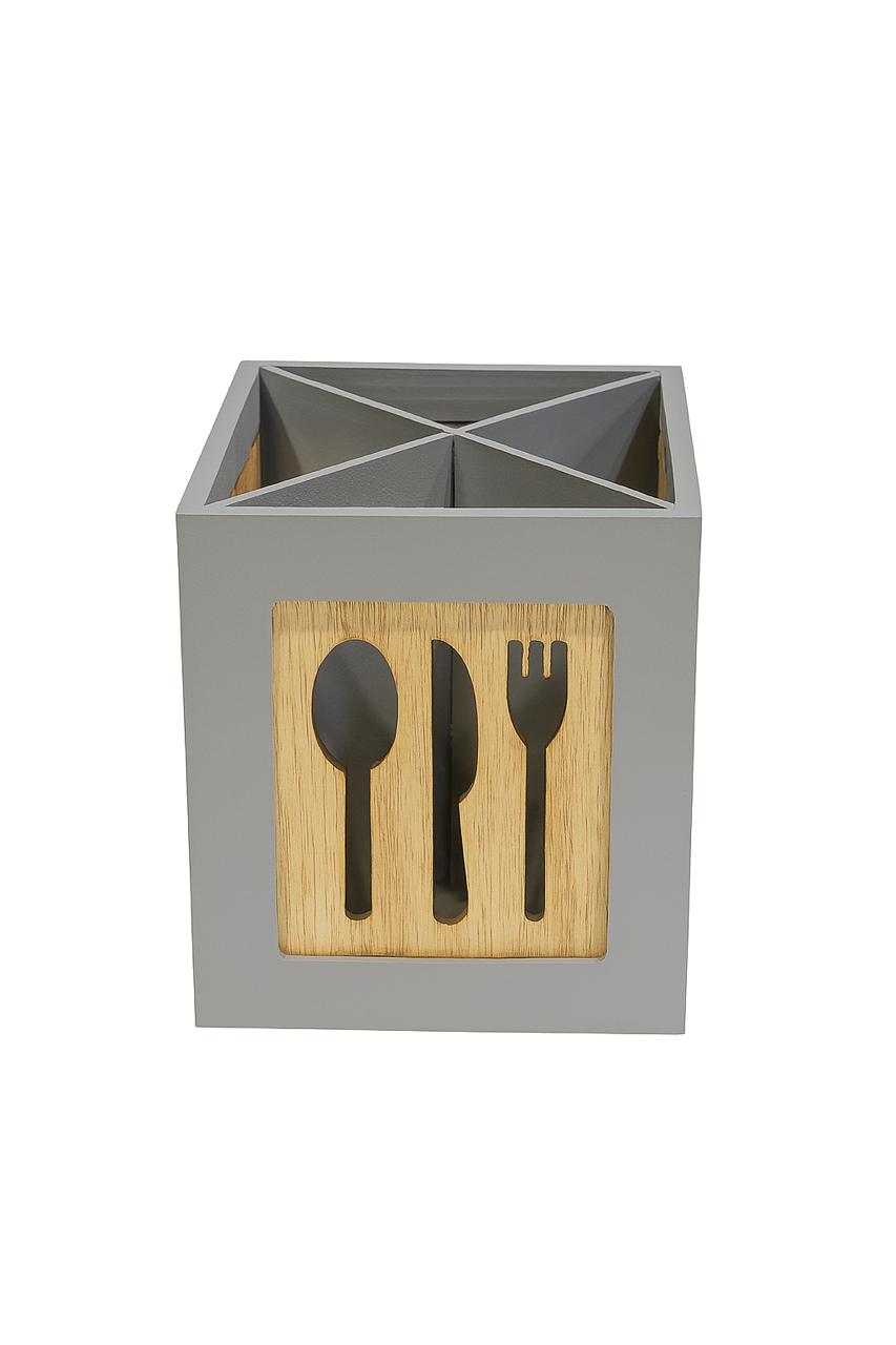 Modern Wooden Utensil Holder – Grey with Cutlery Cut-Out