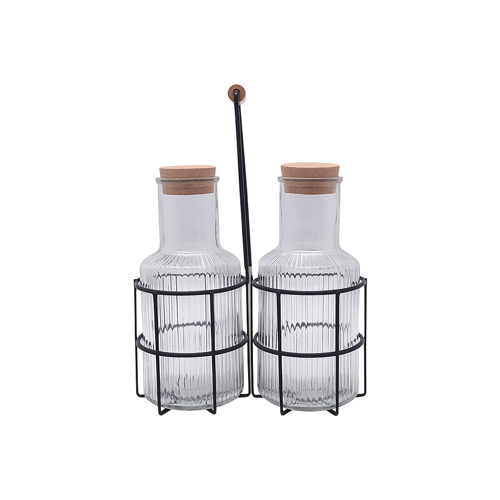 Ribbed Glass Bottle Duo – With Metal Caddy & Cork Lids