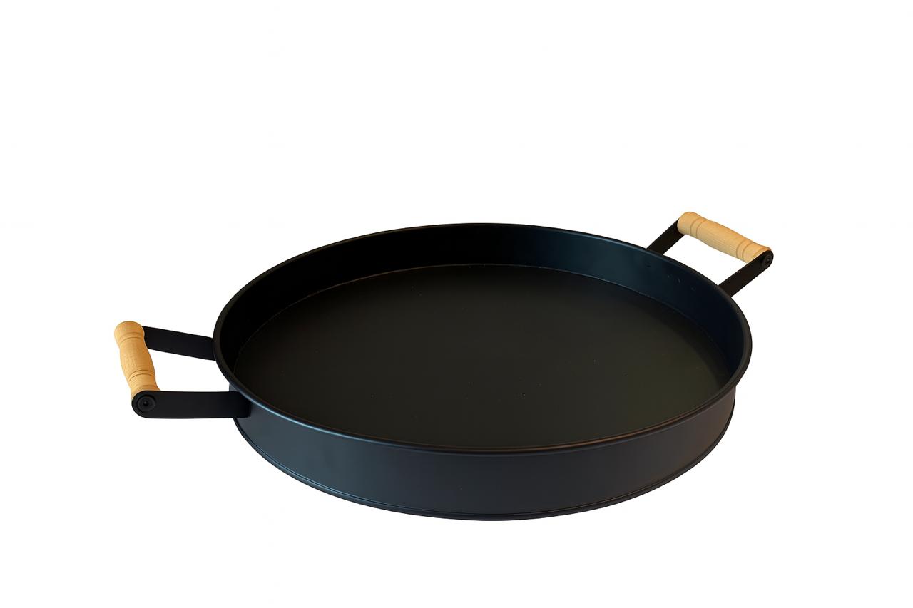 Round Black Serving Tray with Wooden Handles