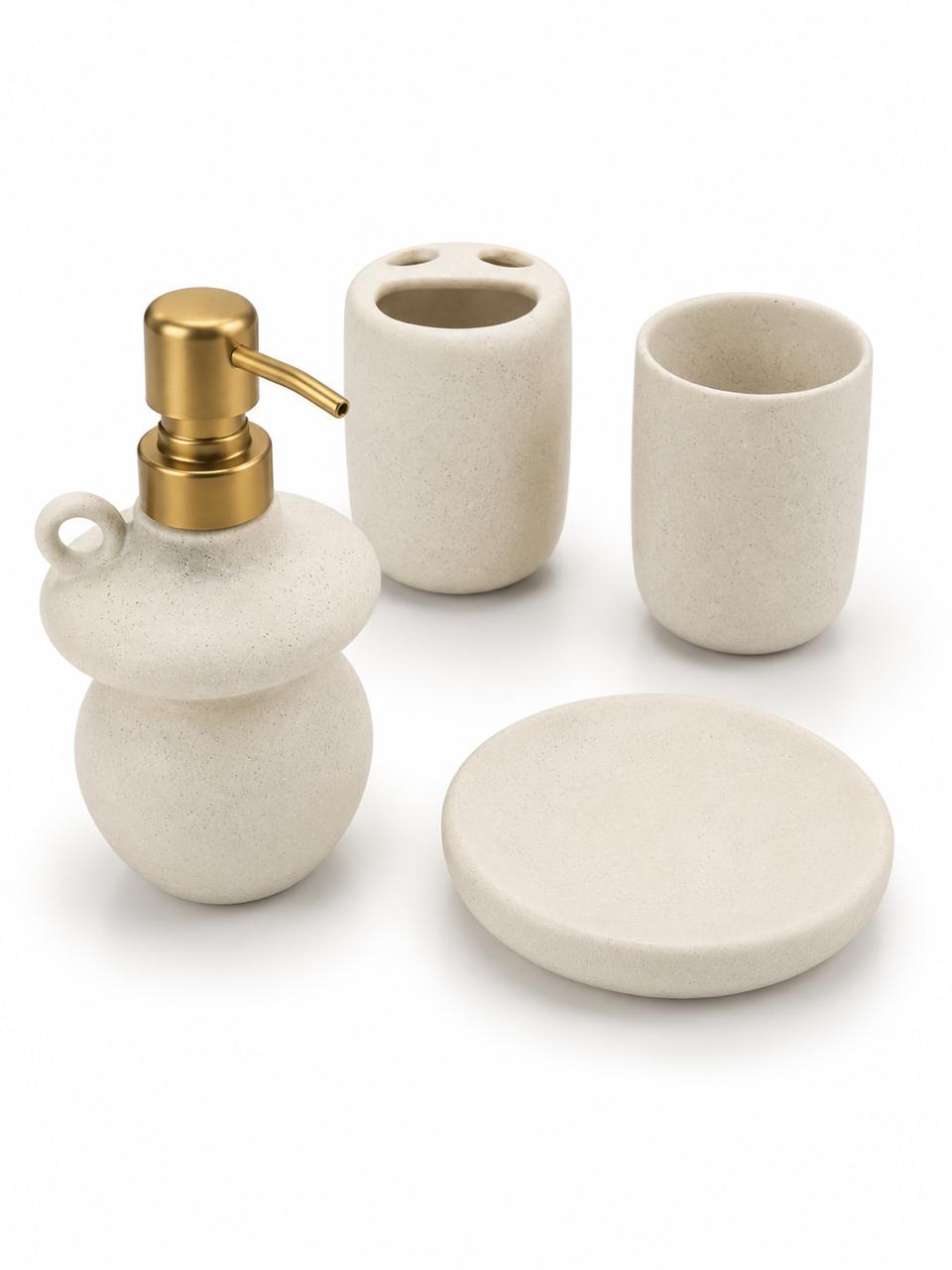 Stone Effect Ceramic Bathroom Accessory Set with Gold Pump