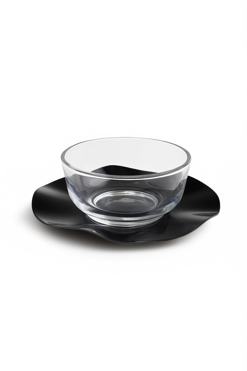 Set of 6 Modern Glass Dessert Bowls with Black Wave Plates