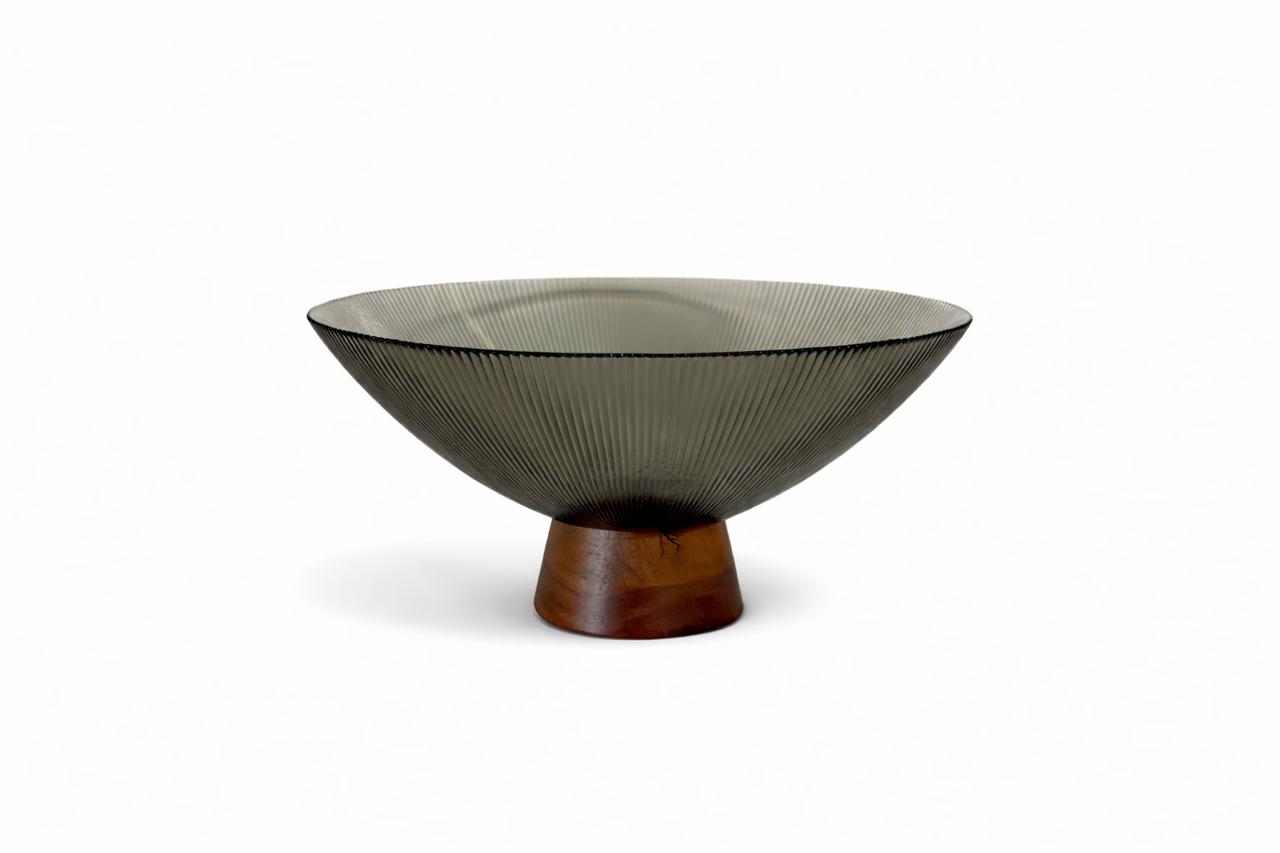 Textured Glass Serving Bowl with Wooden Base
