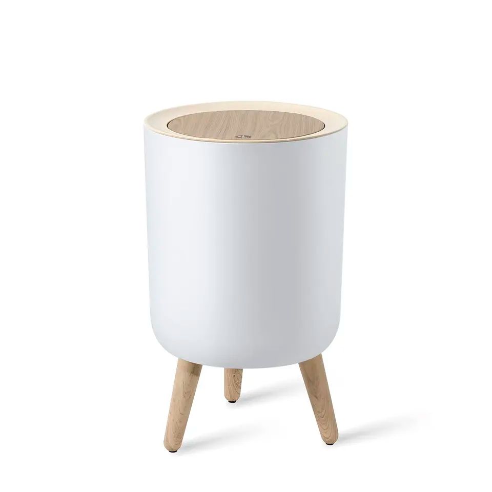 White Minimalist Waste Bin with Wooden Legs