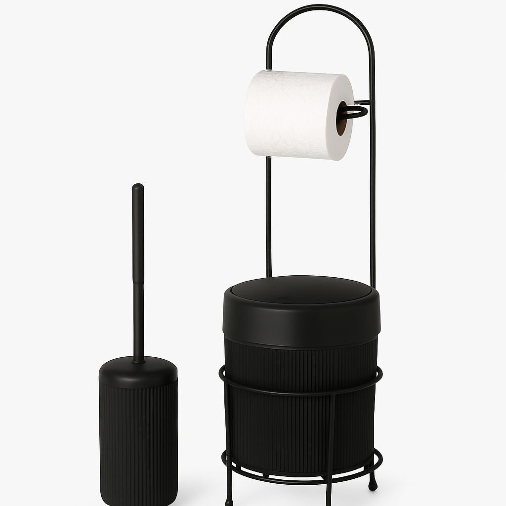 3-in-1 Black Bathroom Set – Toilet Paper Holder, Brush & Bin