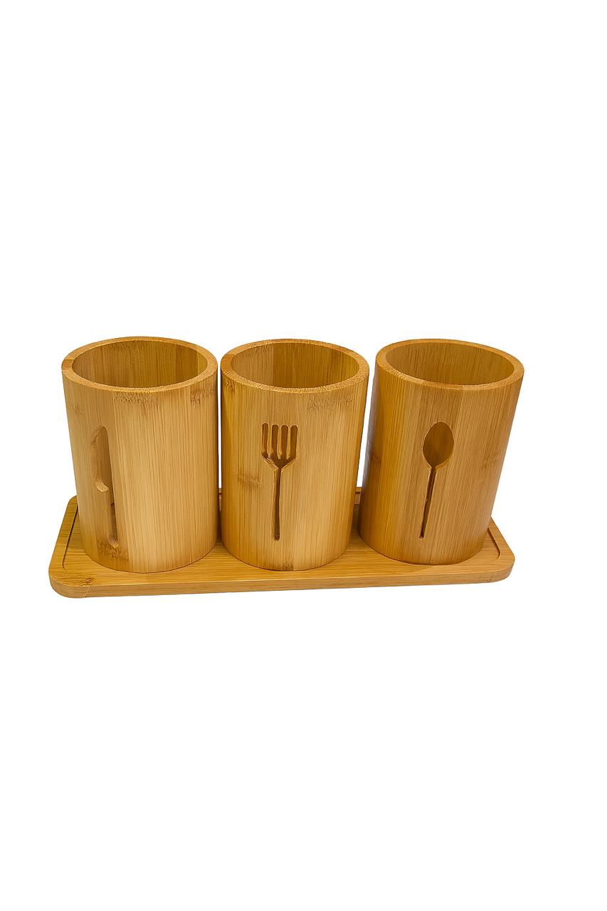 Bamboo 3-Piece Utensil Holder Set with Tray