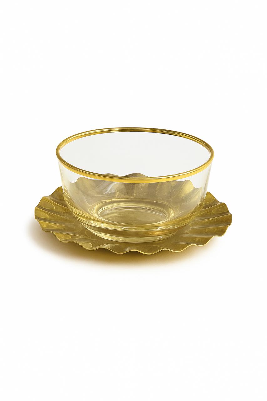 Set of 6 Gold Rim Glass Dessert Bowls with Matching Ruffled Plates