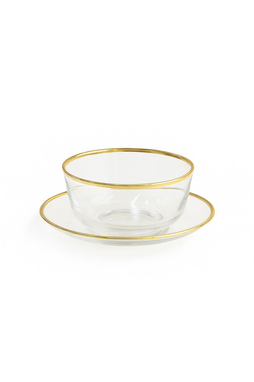 Set of 6 Transparent Dessert Cups with Gold Rim and Matching Plates